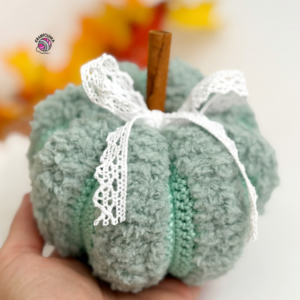 A cute textured pumpkin with a cinnamon stick stem and lace bow.